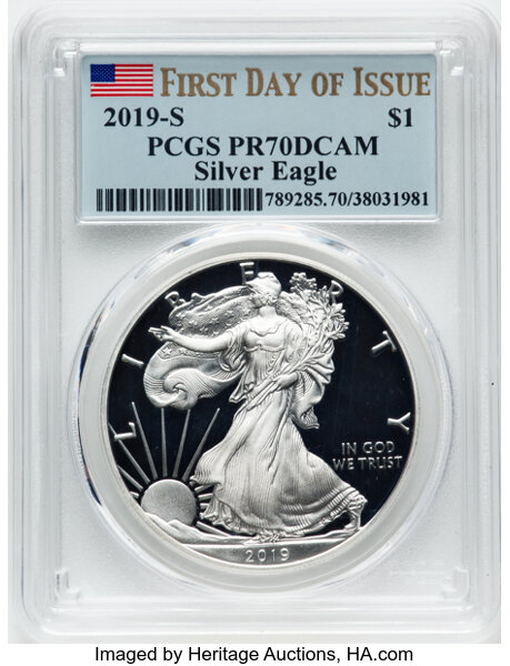 image for: 2019-S $1 Silver Eagle, First Day of Issue PR70 Deep Cameo PCGS.  ...