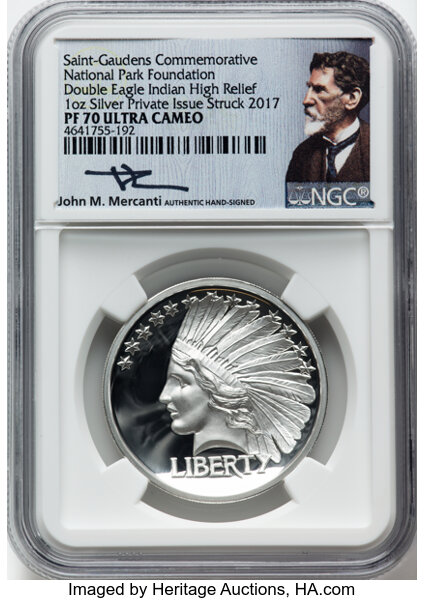 image for: 2017 $100 One-Ounce Platinum Eagle, National Park Foundation, Double Eagle Indian Relief, Mercanti Signature Flag PR70 Ultra ...