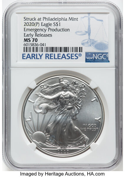 image for: 2020-(P) $1 Silver Eagle, Emergency Issue Struck at Philadelphia, Early Releases  MS70 NGC....