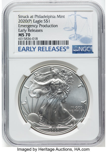 image for: 2020-(P) $1 Silver Eagle, Emergency Issue Struck at Philadelphia, Early Releases MS70 NGC....