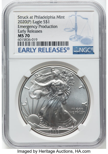 image for: 2020-(P) $1 Silver Eagle, Emergency Issue Struck at Philadelphia, Early Releases MS70 NGC....