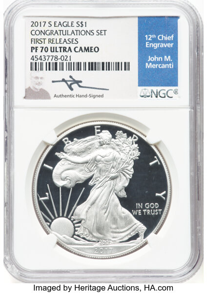 image for: 2017-S $1 Silver Eagle, Congratulations Set PR70 Ultra Cameo NGC. Early Release  Hand-signed, John M. Mercanti....