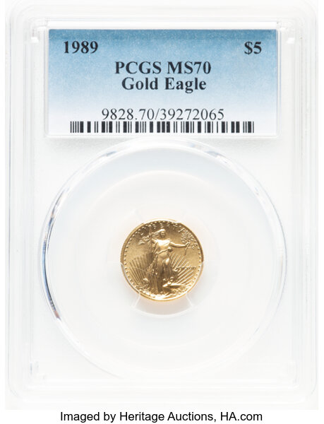 image for: 1989 $5 Tenth-Ounce Gold Eagle MS70 PCGS.  Mintage 264,790....