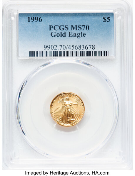 image for: 1996 $5 Tenth-Ounce Gold Eagle MS70 PCGS.  Mintage 401,964....