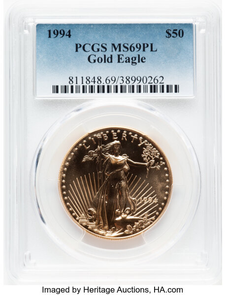 image for: 1994 $50 One-Ounce Gold Eagle MS69 Prooflike PCGS.  Mintage 221,633....