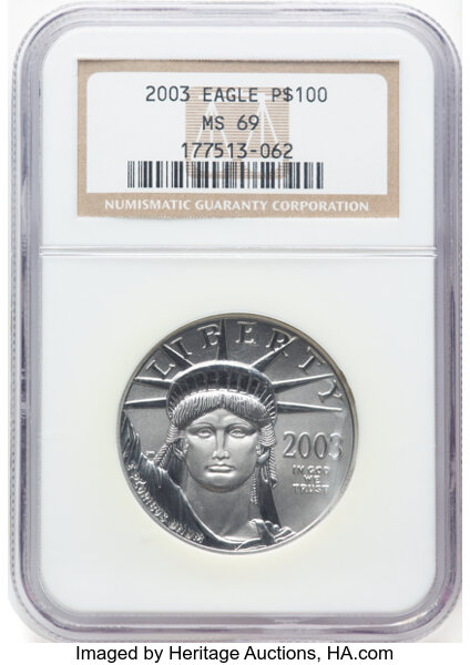 image for: 2003 $100 One-Ounce Platinum Eagle MS69 NGC.  Mintage 8,007....