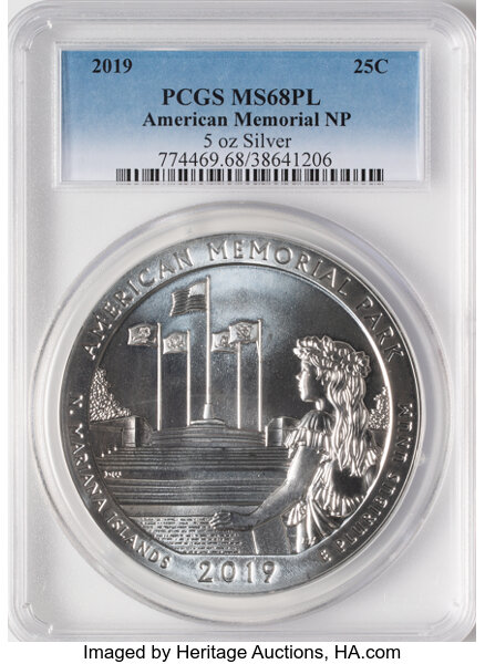 image for: 2019 25C American Memorial National Park Five Ounce Silver, MS68 Prooflike PCGS....