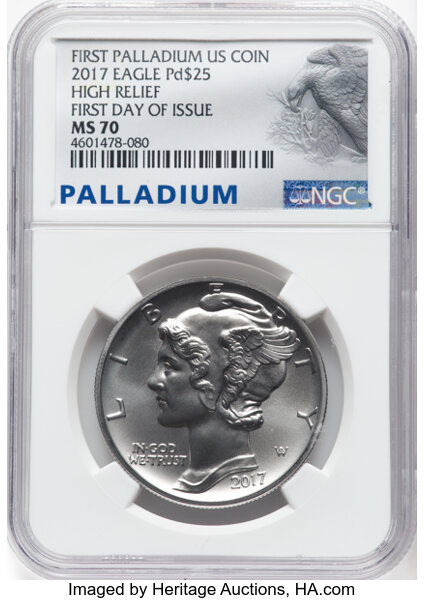 image for: 2017 $25 One Ounce Palladium Eagle, First Day of Issue, High Relief MS70 NGC....