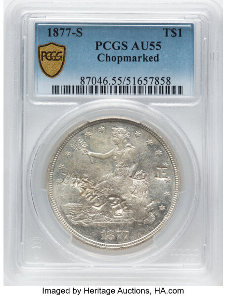 image for: 1877-S T$1 Chop Mark AU55 PCGS. PCGS Population: (55/149).  ...