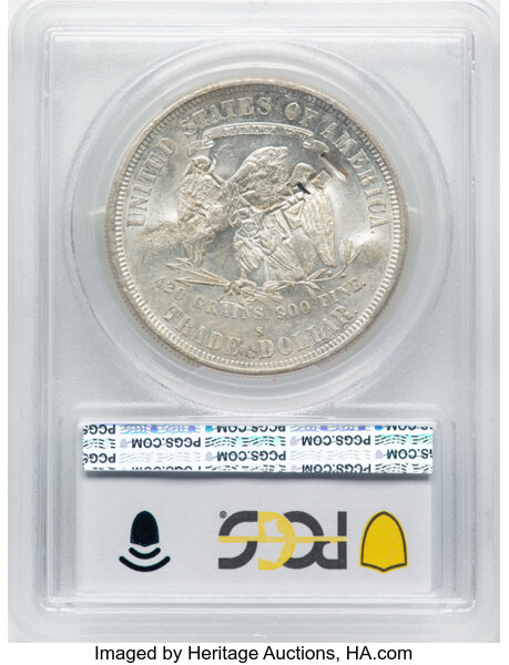 image for: 1877-S T$1 Chop Mark AU55 PCGS. PCGS Population: (55/149).  ...