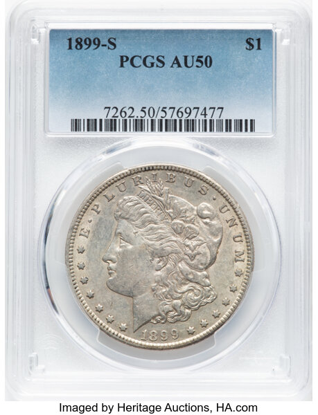1899-S $1 AU50 PCGS. Mintage 2,562,000. ...
