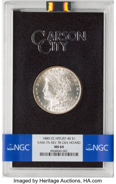image for: 1880-CC $1 Reverse of 1878, 8 Over 7, VAM-7A, GSA, MS64 NGC. Box and Pedigree Included. NGC Census: (72/26). CDN: $1,350 Wh...