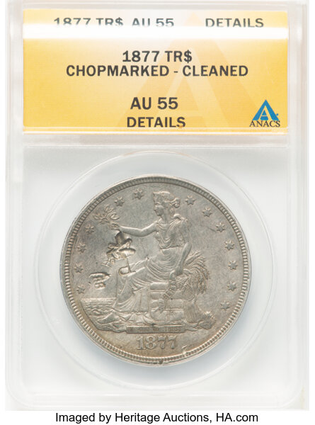 image for: 1877 T$1 Chop Mark -- Cleaned -- ANACS Details. AU55.  ...