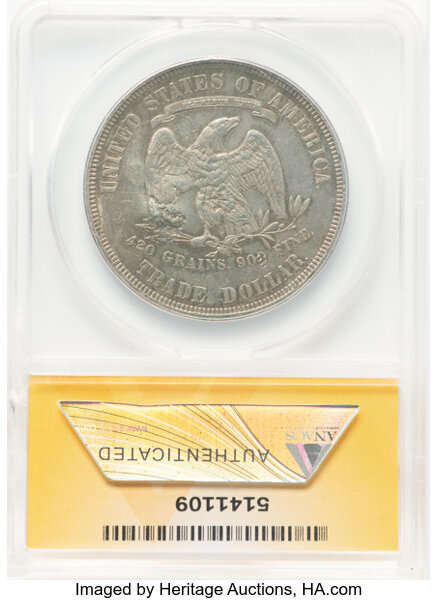 image for: 1877 T$1 Chop Mark -- Cleaned -- ANACS Details. AU55.  ...