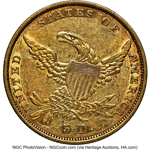 image for: 1836 $5 Block 8, HM-2, High R.4, AU55 NGC. Ex: John McCloskey Collection. NGC Census: (2/7).  Mintage 553,147.Ex: John W....