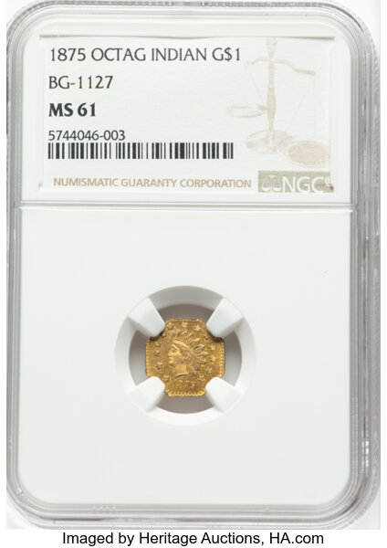 image for: 1875 $1 Indian Octagonal Dollar, BG-1127, R.4, MS61 NGC. NGC Census: (8/7)....