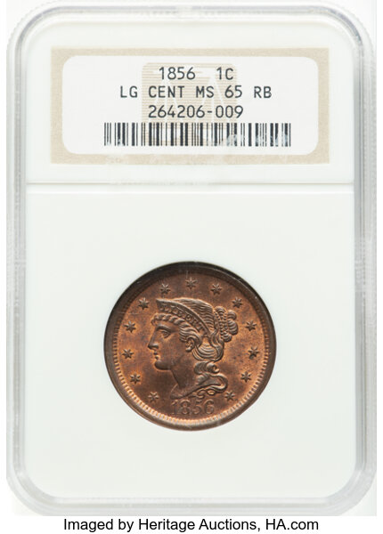 image for: 1856 1C Large Cent, Slanted 5, N-2, R.1, MS65 Red and Brown NGC.  Mintage 2,690,463....