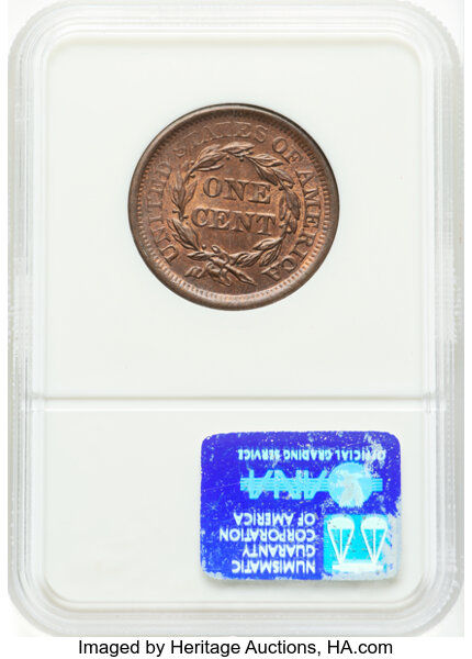 image for: 1856 1C Large Cent, Slanted 5, N-2, R.1, MS65 Red and Brown NGC.  Mintage 2,690,463....