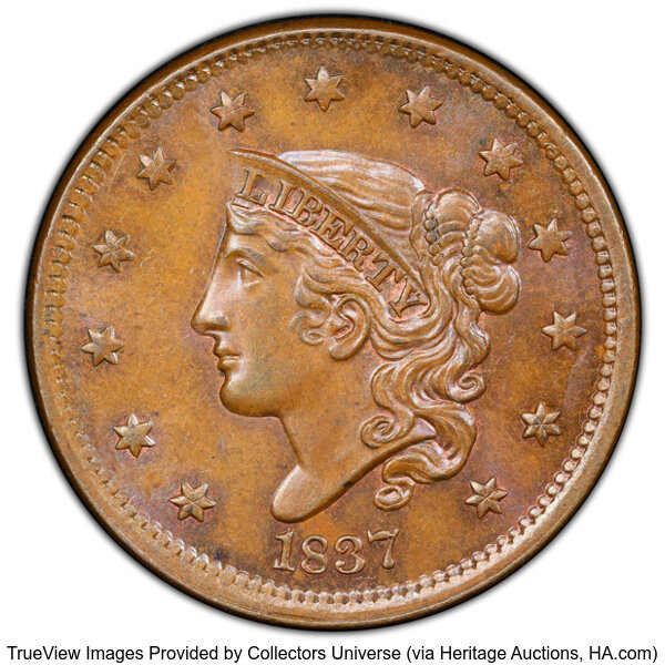 image for: 1837 1C Head of 1838, Beaded Cords, N-11, R.1, MS64+ Brown PCGS. PCGS Population: (1/3 and 1/0+)....