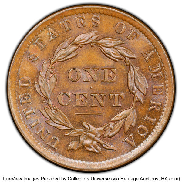 image for: 1837 1C Head of 1838, Beaded Cords, N-11, R.1, MS64+ Brown PCGS. PCGS Population: (1/3 and 1/0+)....