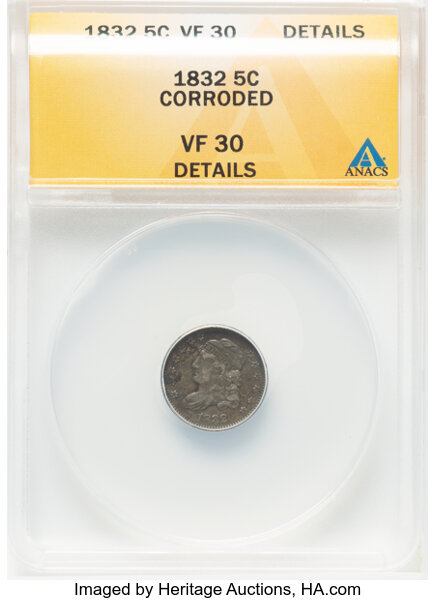 image for: 1832 H10C V-8, LM-5, R.1 -- Corroded -- ANACS Details. VF30.  Mintage 965,000....
