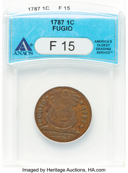 image for: 1787 1C Fugio Cent, STATES UNITED, 4 Cinquefoils, Pointed Rays, N. 12-M, W-6800, R.3, Fine 15 ANACS....