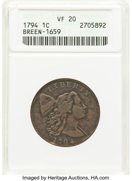 image for: 1794 1C Head of 1794, Ornate Head, S-28, B-10, R.2, VF20 ANACS. Breen-1659. Housed in a small-sized holder. Mintage 918...