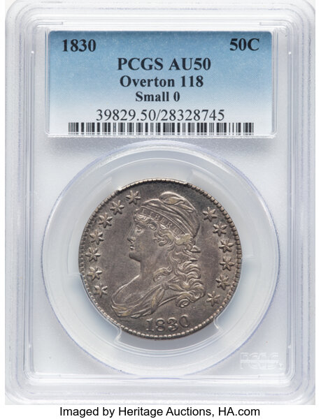 image for: 1830 50C Small 0, O-118, Low R.4, AU50 PCGS. PCGS Population: (2/10).  Mintage 4,764,800. ...