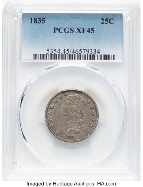 image for: 1835 25C B-5, R.2, XF45 PCGS.  Mintage 1,952,000....