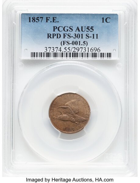 image for: 1857 1C Repunched Date, Snow-11, FS-301, AU55 PCGS. (FS-001.5). PCGS Population: (2/6). CDN: $315 Whsle. Bid for NGC/PCGS A...