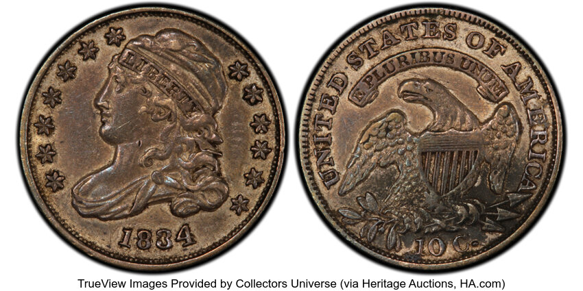 image for: 1834 10C Large 4, JR-5, R.1, AU50 PCGS. Ex: Gorman. PCGS Population: (4/1). CDN: $400 Whsle. Bid for NGC/PCGS AU50....