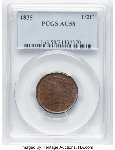 image for: 1835 1/2 C C-1, B-1, R.1, AU58 PCGS.  Mintage 398,000....