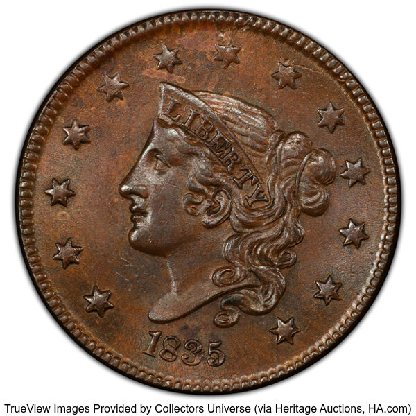 image for: 1835 1C Head of 1836, N-16, R.2, MS63 Brown PCGS. Mintage 3,878,400....