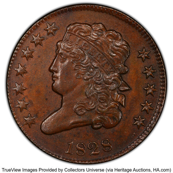 image for: 1828 1/2 C 12 Stars, C-2, B-3, R.2, MS61 Brown PCGS.  Mintage 606,000....