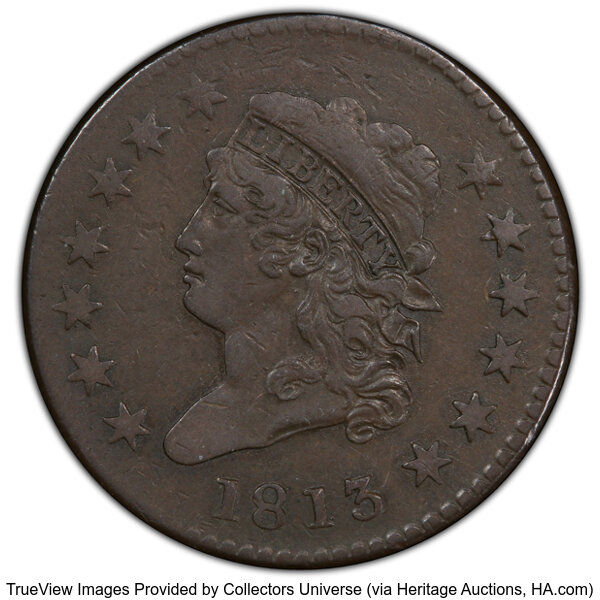 image for: 1813 1C S-293, B-1, R.2, VF35 PCGS.  Mintage 418,000....