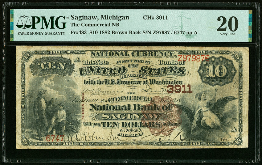 image for: Saginaw, MI - $10 1882 Brown Back Fr. 483 The Commercial National Bank Ch. # 3911 PMG Very Fine 20....