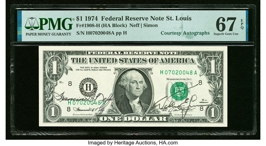 image for: Francine I. Neff and William E. Simon Dual Courtesy Autographed Fr. 1908-H $1 1974 Federal Reserve Note. PMG Superb Gem Unc 67...