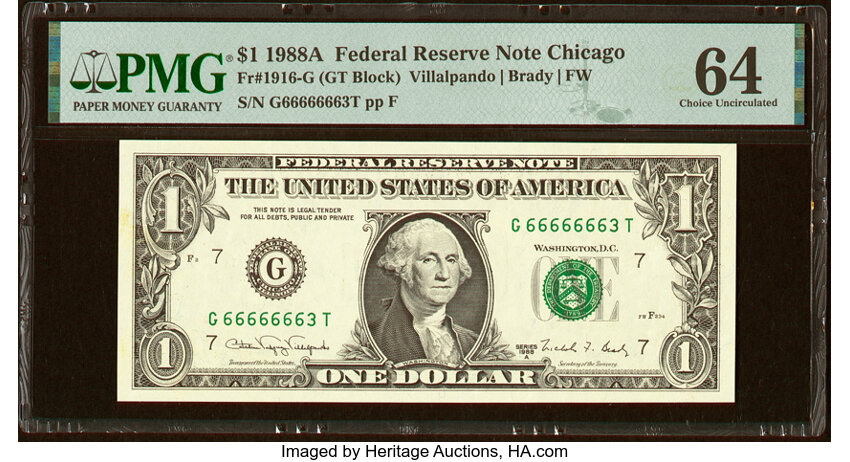 image for: Near Solid Serial Number 66666663 Fr. 1916-G $1 1988A Federal Reserve Note. PMG Choice Uncirculated 64....