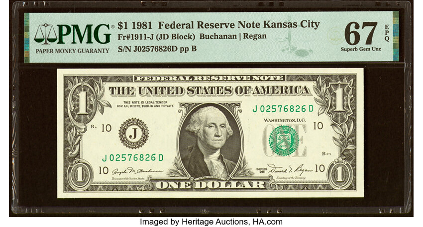 image for: Fr. 1911-J $1 1981 Federal Reserve Note. J-D Block. PMG Superb Gem Unc 67 EPQ....
