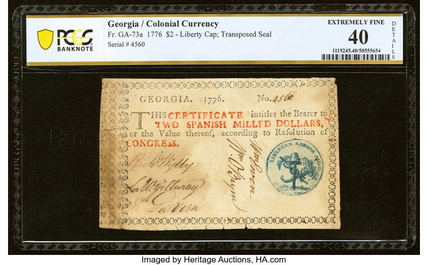 image for: Georgia 1776 $2 Blue Seal Liberty Cap PCGS Banknote Extremely Fine 40 Details....