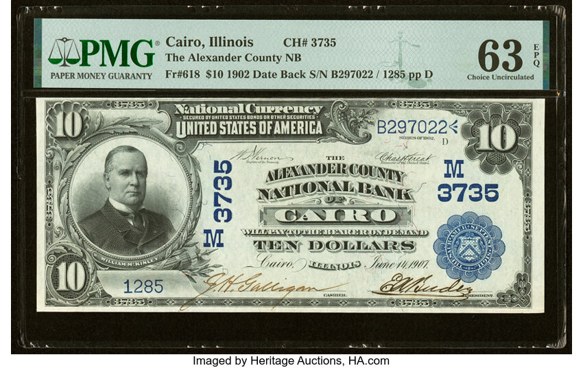 image for: Cairo, IL - $10 1902 Date Back Fr. 618 The Alexander County National Bank Ch. # (M)3735 PMG Choice Uncirculated 63 EPQ....