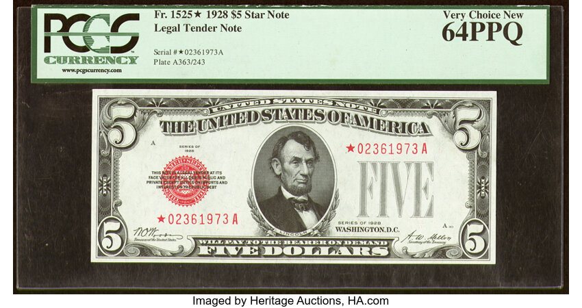 image for: Fr. 1525* $5 1928 Legal Tender Star Note. PCGS Very Choice New 64PPQ....
