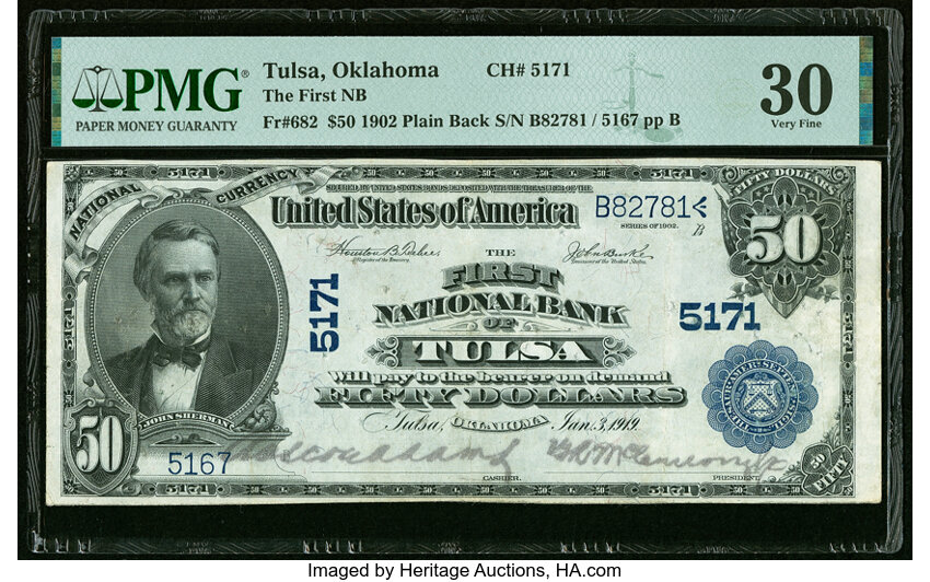 image for: Tulsa, OK - $50 1902 Plain Back Fr. 682 The First National Bank Ch. # 5171 PMG Very Fine 30....