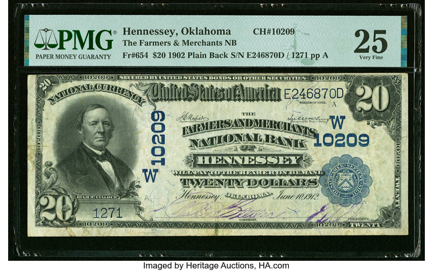image for: Hennessey, OK - $20 1902 Plain Back Fr. 654 The Farmers & Merchants National Bank Ch. # (W)10209 PMG Very Fine 25....