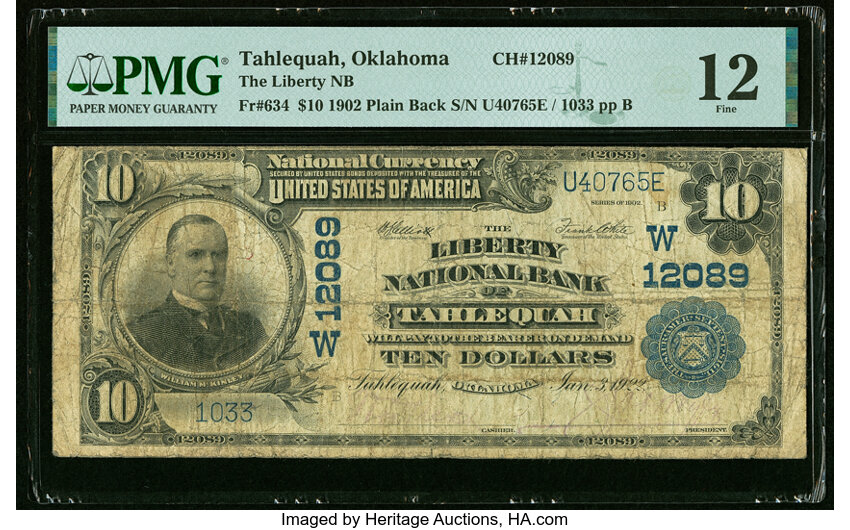 image for: Tahlequah, OK - $10 1902 Plain Back Fr. 634 The Liberty National Bank Ch. # (W)12089 PMG Fine 12....