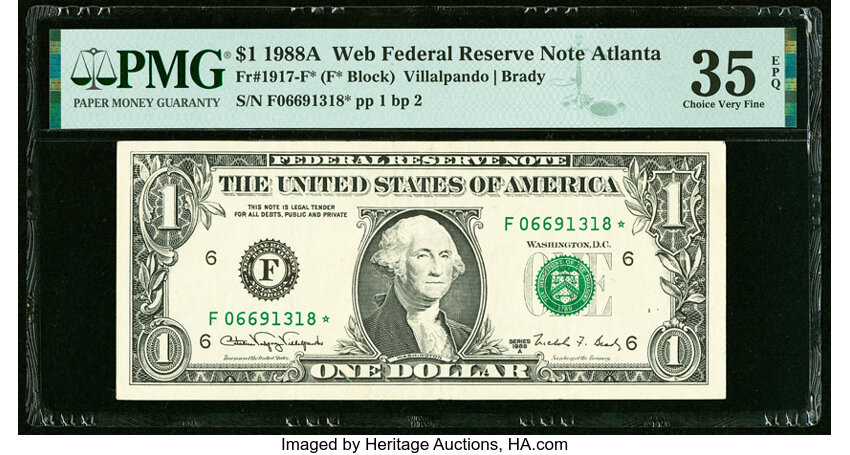 image for: Fr. 1917-F* $1 1988A Web Press Experimental Federal Reserve Star Note. PMG Choice Very Fine 35 EPQ....