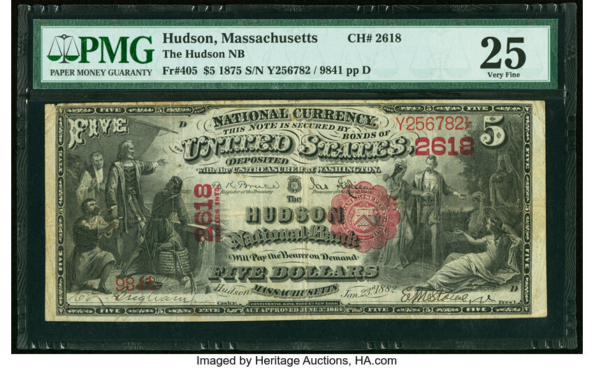 image for: Hudson, MA - $5 1875 Fr. 405 The Hudson National Bank Ch. # 2618 PMG Very Fine 25....