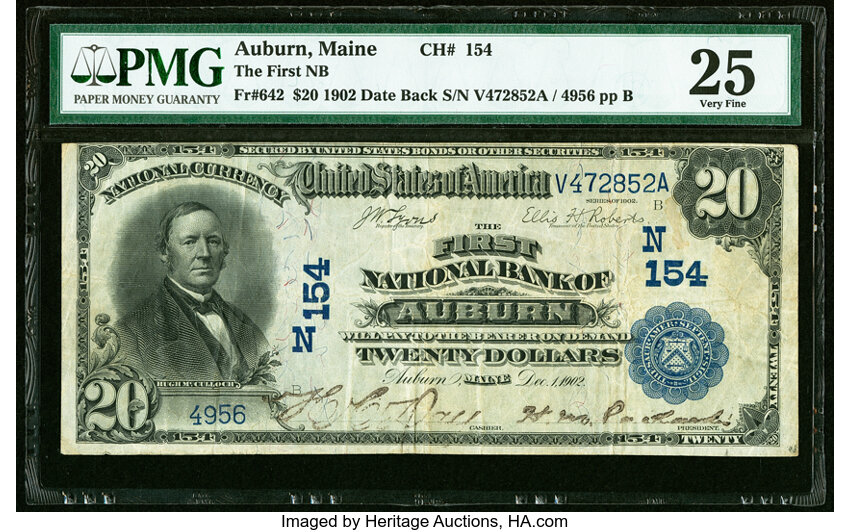 image for: Auburn, ME - $20 1902 Date Back Fr. 642 The First National Bank Ch. # (N)154 PMG Very Fine 25....