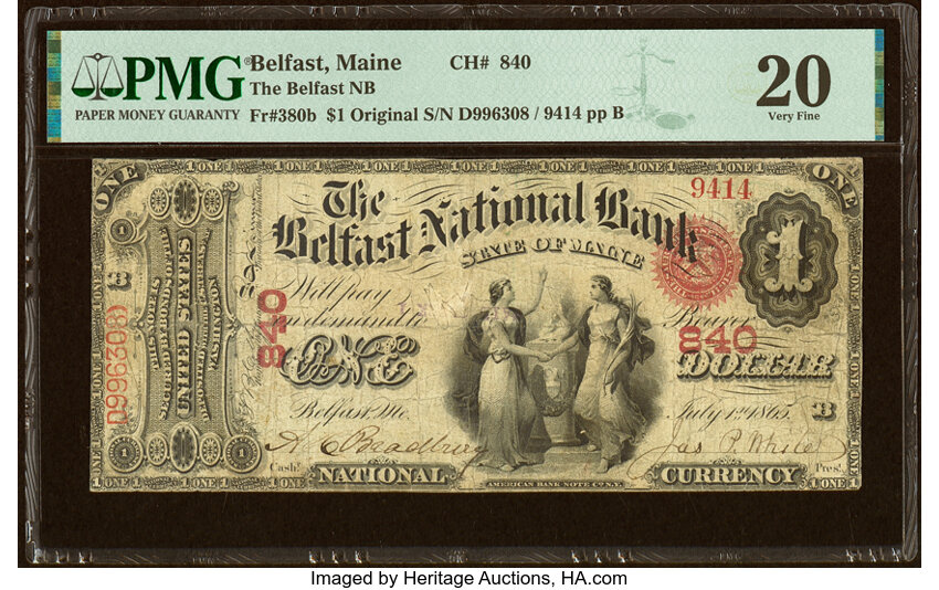 image for: Belfast, ME - $1 Original Fr. 380b The Belfast National Bank Ch. # 840 PMG Very Fine 20....