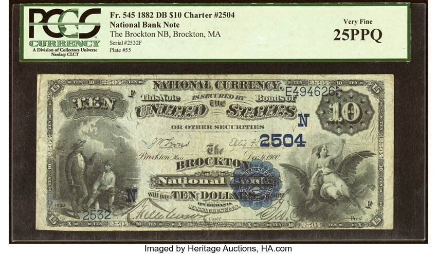 image for: Brockton, MA - $10 1882 Date Back Fr. 545 The Brockton National Bank Ch. # (N)2504 PCGS Very Fine 25PPQ....